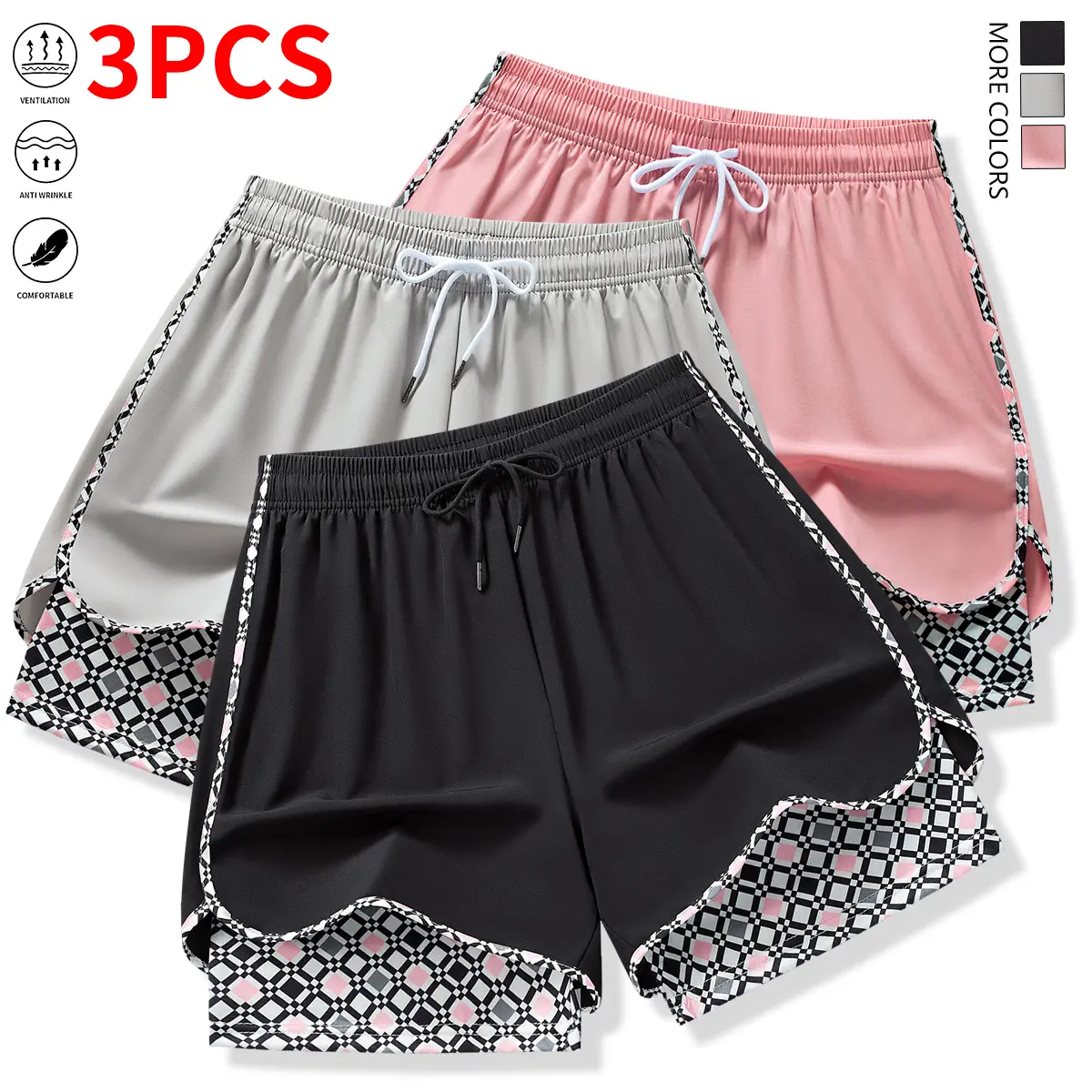 Set of 3 women’s casual athletic shorts featuring elastic waistband with lining