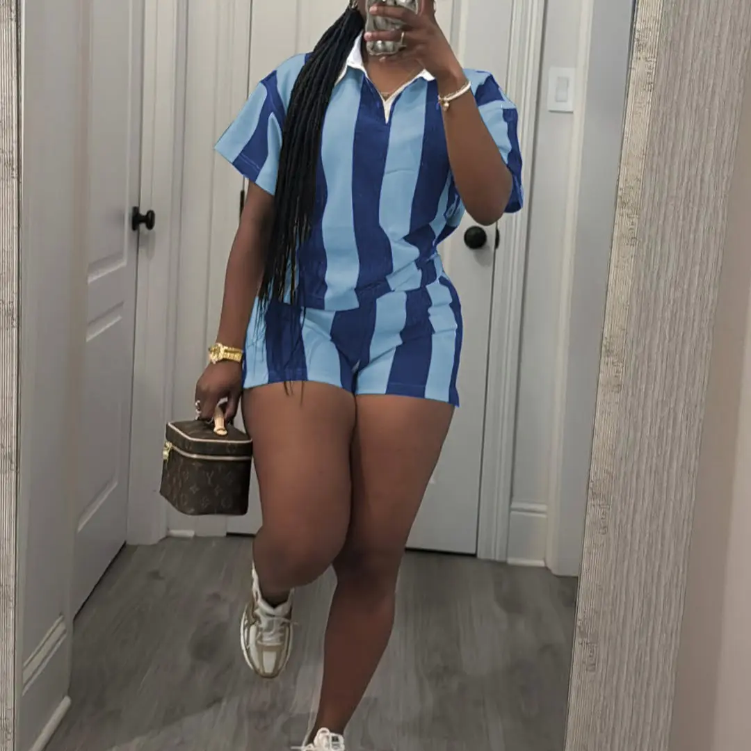 Women's 2026 Spring Two Piece Set Striped Short Sleeve
