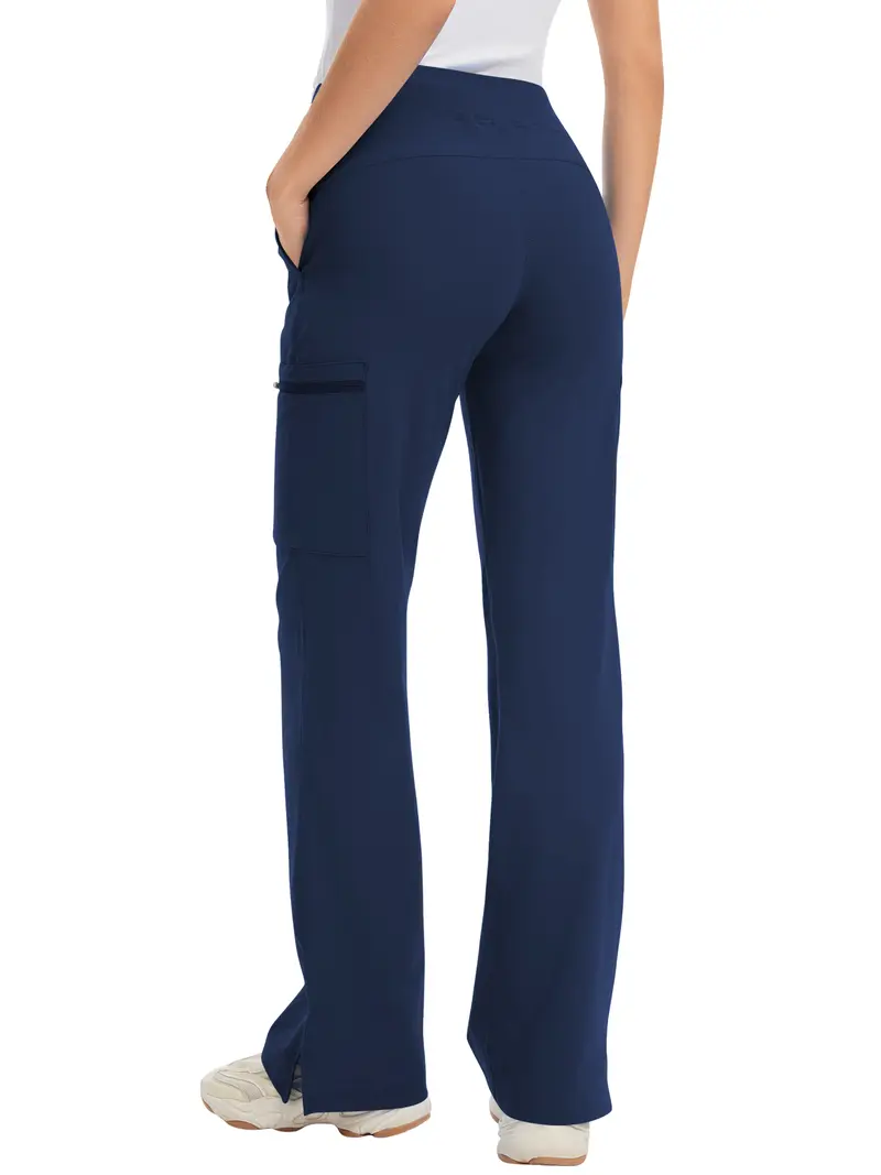 High Rise Yoga Scrub Pants Women - Straight Leg Uniform Pants with Cargo Pocket