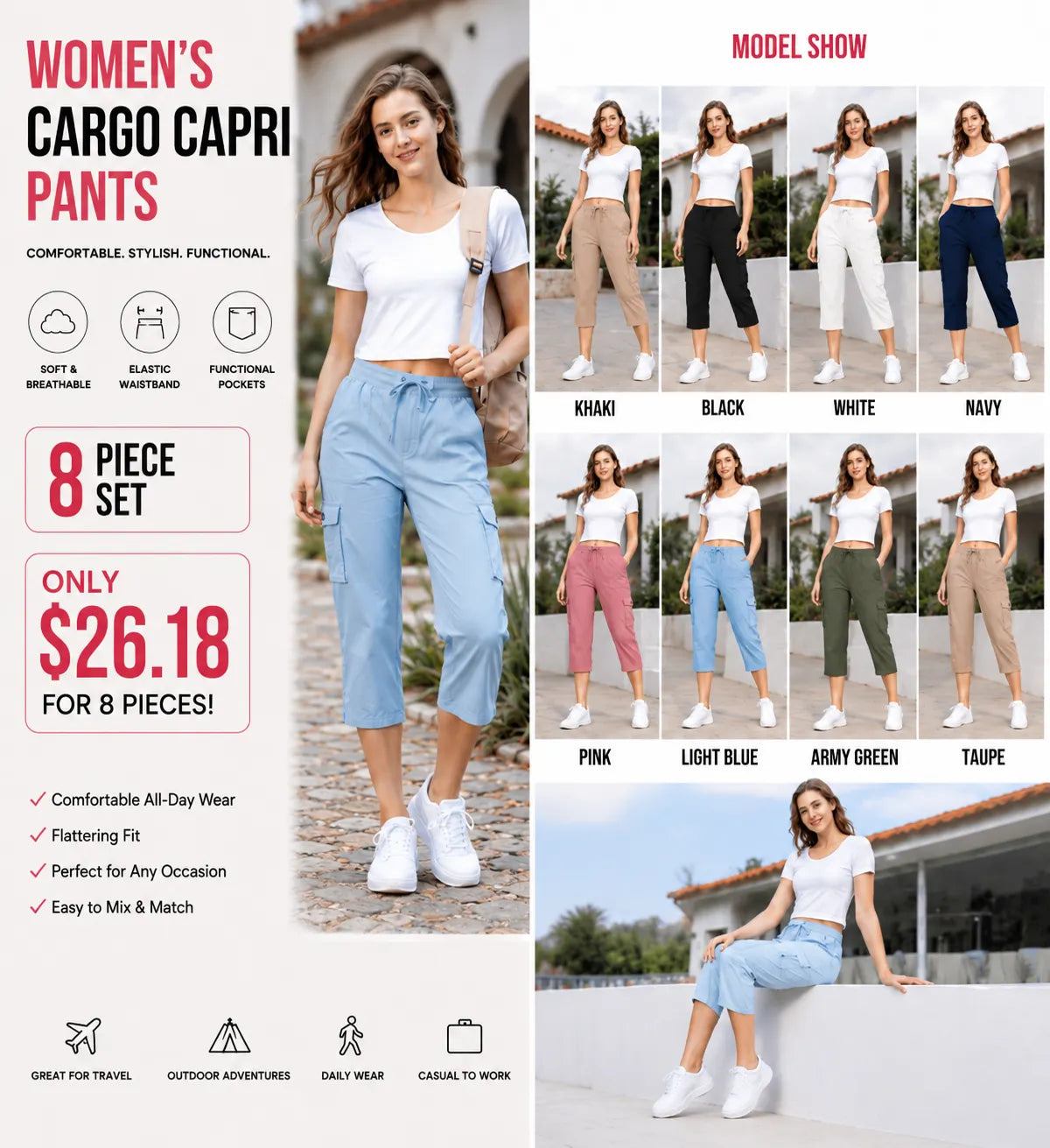 Women's Plus Size Cargo Capri Pants – Lightweight Loose Fit Summer Pants
