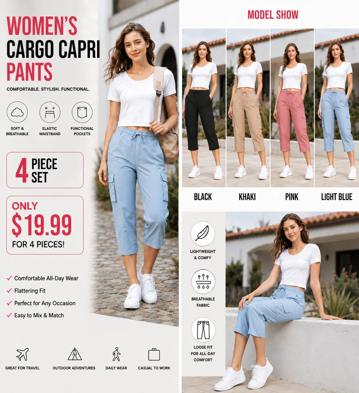 Women's Plus Size Cargo Capri Pants – Lightweight Loose Fit Summer Pants