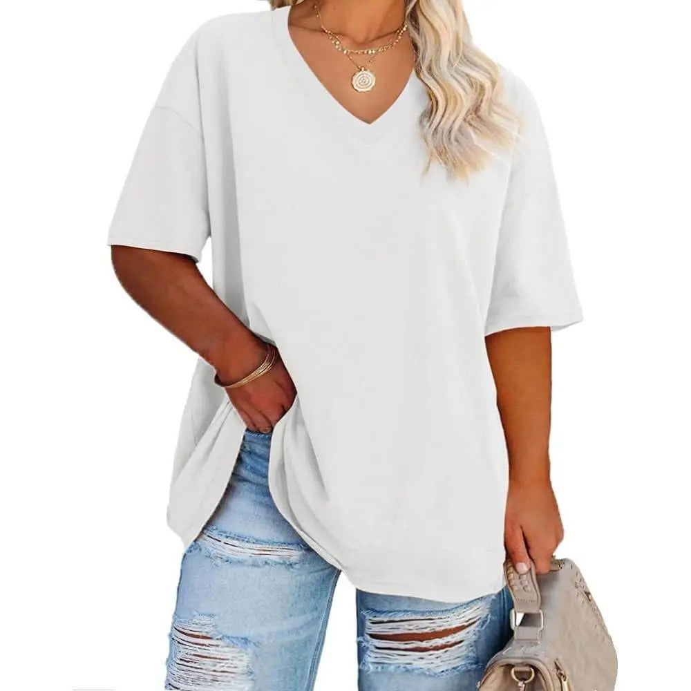Women's Plus Size V Neck T Shirts Loose Fit Cotton Tunic Tops