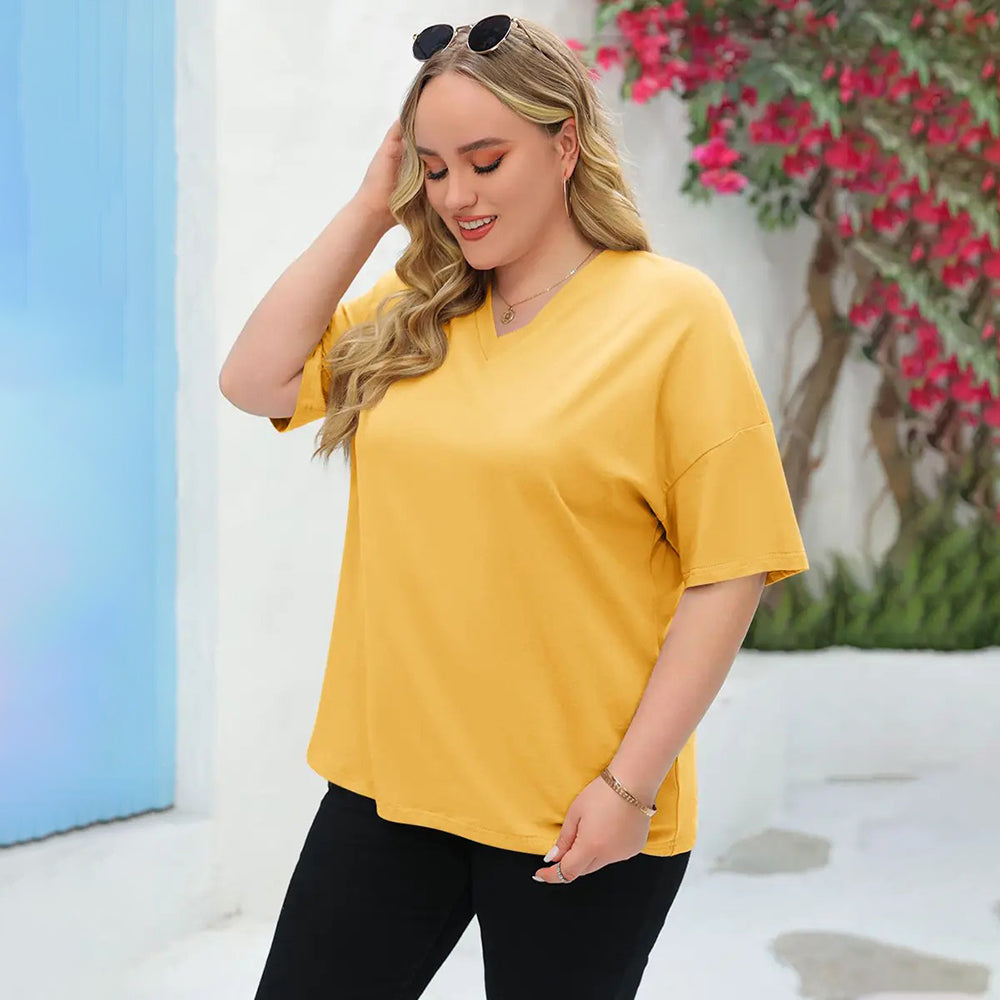 Women's Plus Size V Neck T Shirts Loose Fit Cotton Tunic Tops