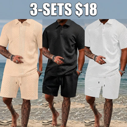 Men's summer casual texture fabric solid color polo shirt T-shirt shorts 2-piece set
