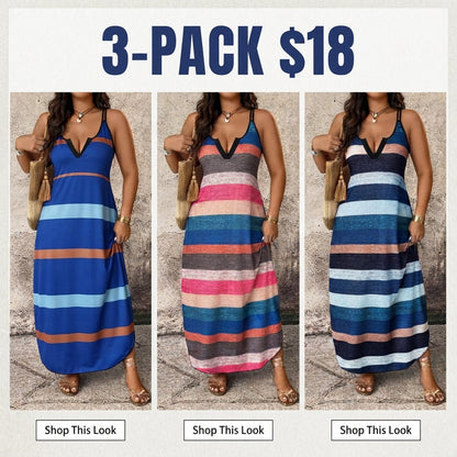 Plus Size Women's Rainbow Striped V-Neck Thin Strap Long Dress