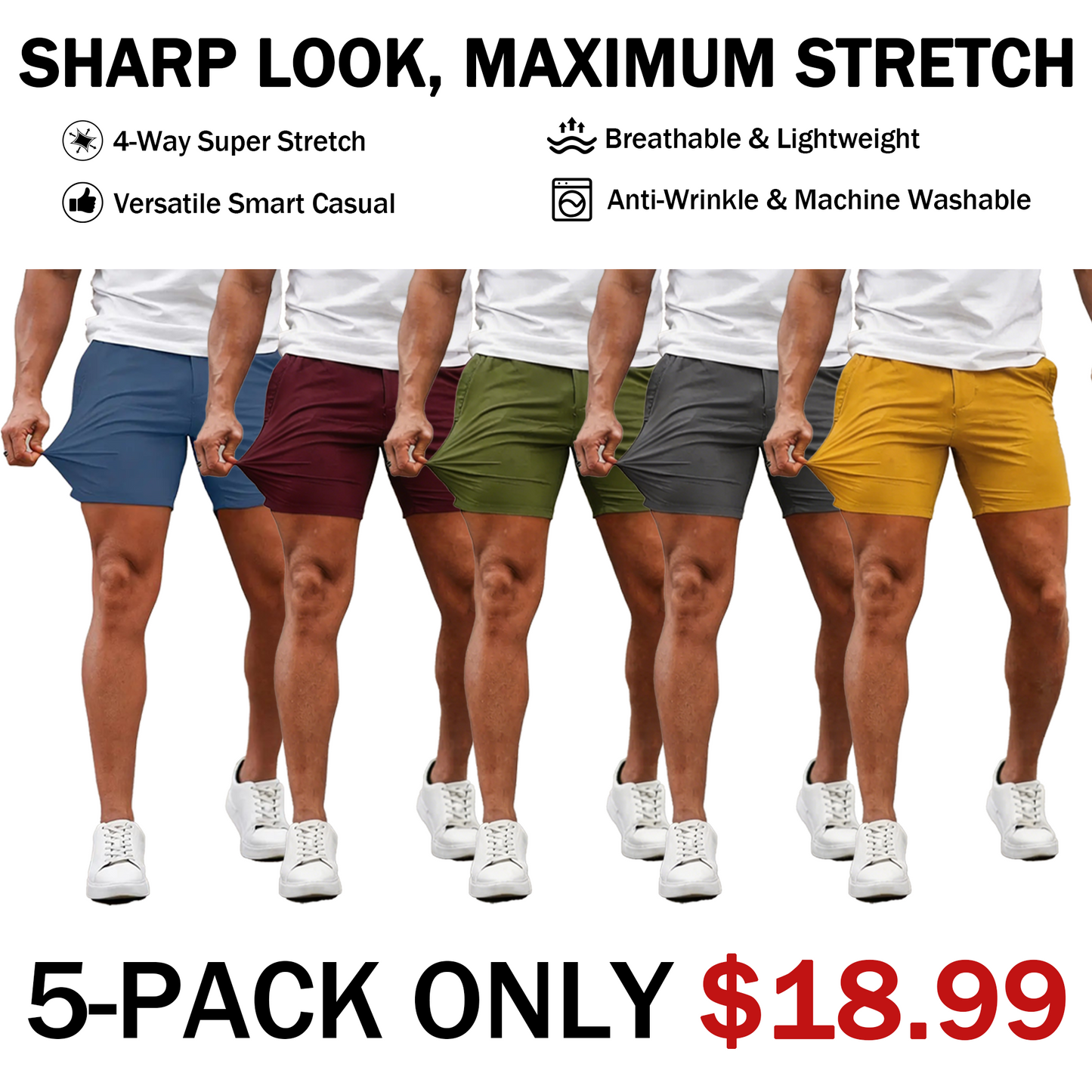Men’s 5-Inch Slim Fit Stretch Chino Shorts – Casual Tapered Comfort Summer Shorts