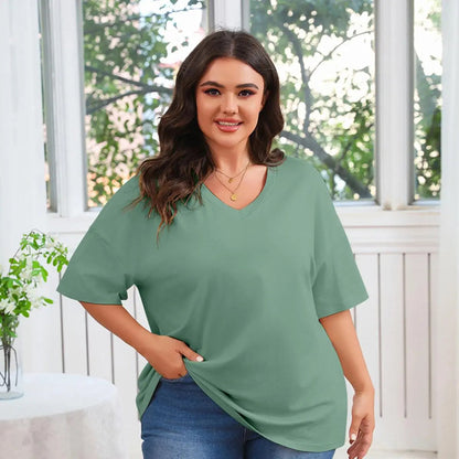 Women's Plus Size V Neck T Shirts Loose Fit Cotton Tunic Tops
