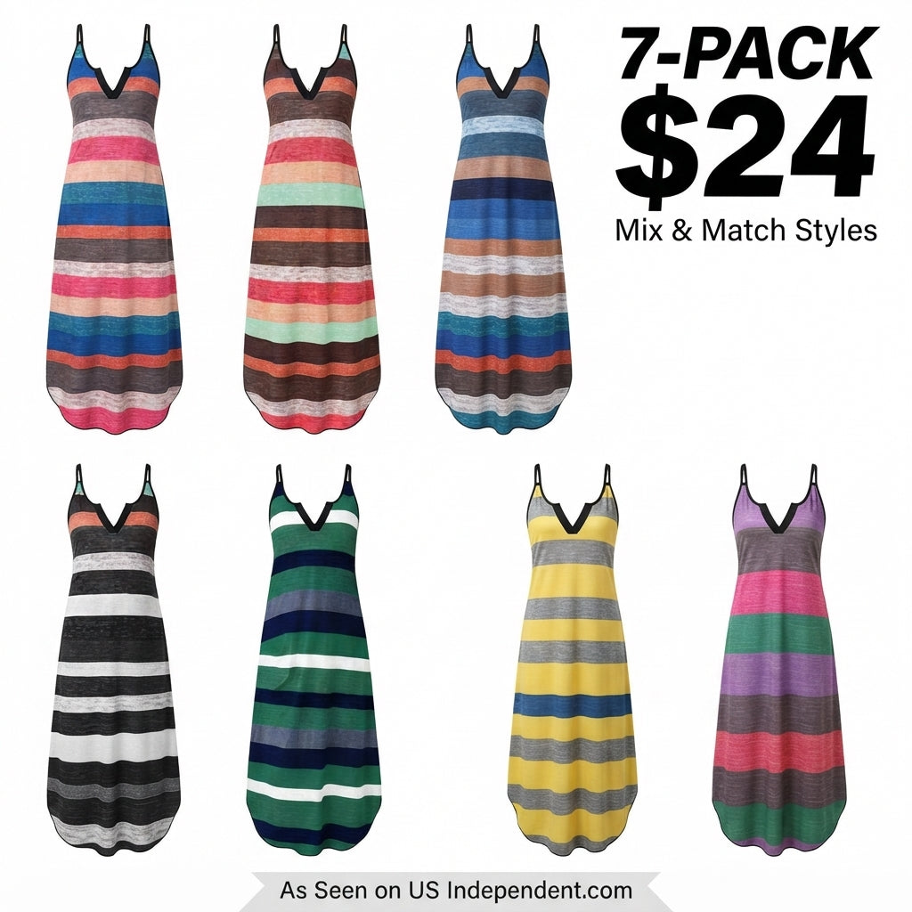Plus Size Women's Rainbow Striped V-Neck Thin Strap Long Dress
