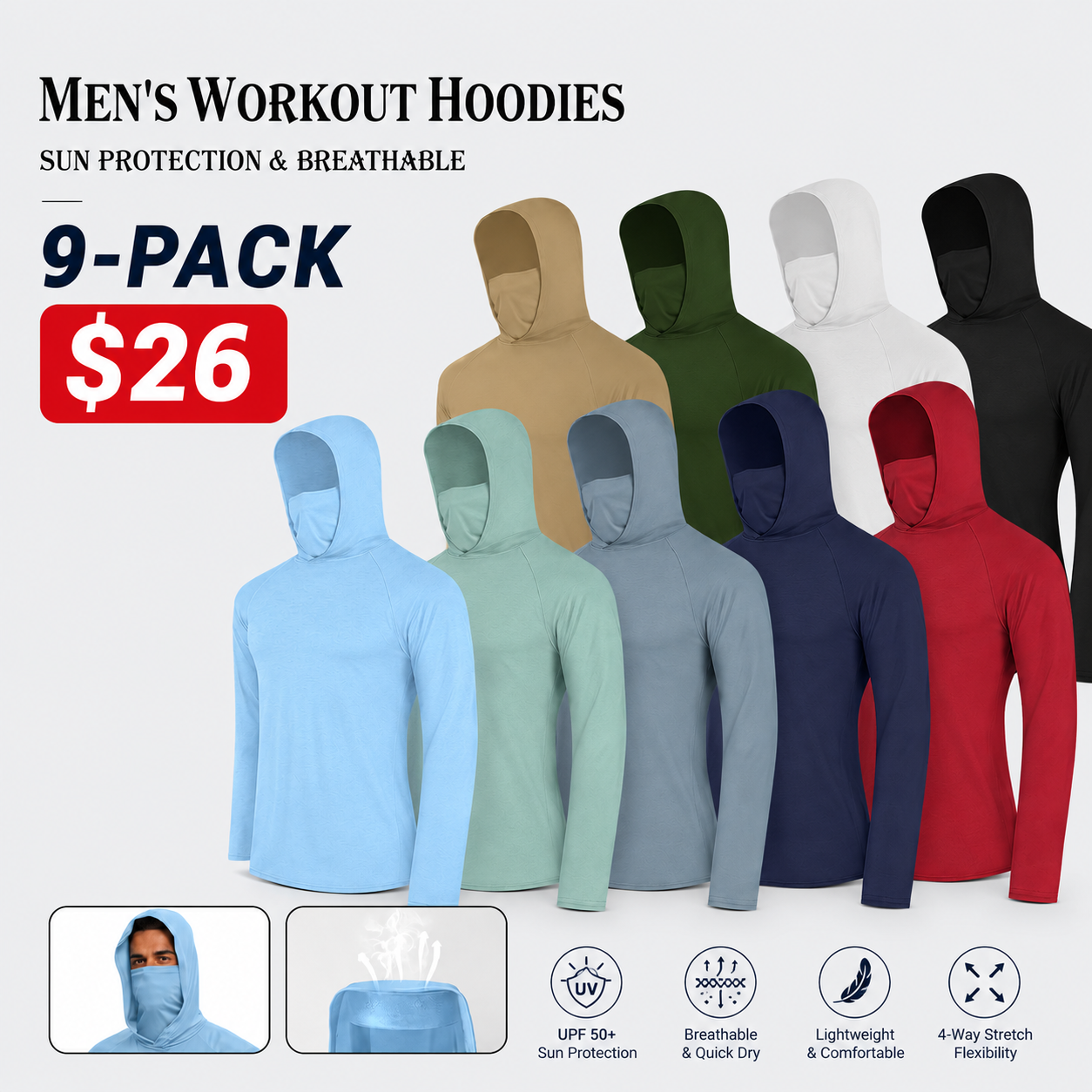 Men's Dry Fit Athletic Shirt Long Sleeve Fishing Hoodies Workout Tops