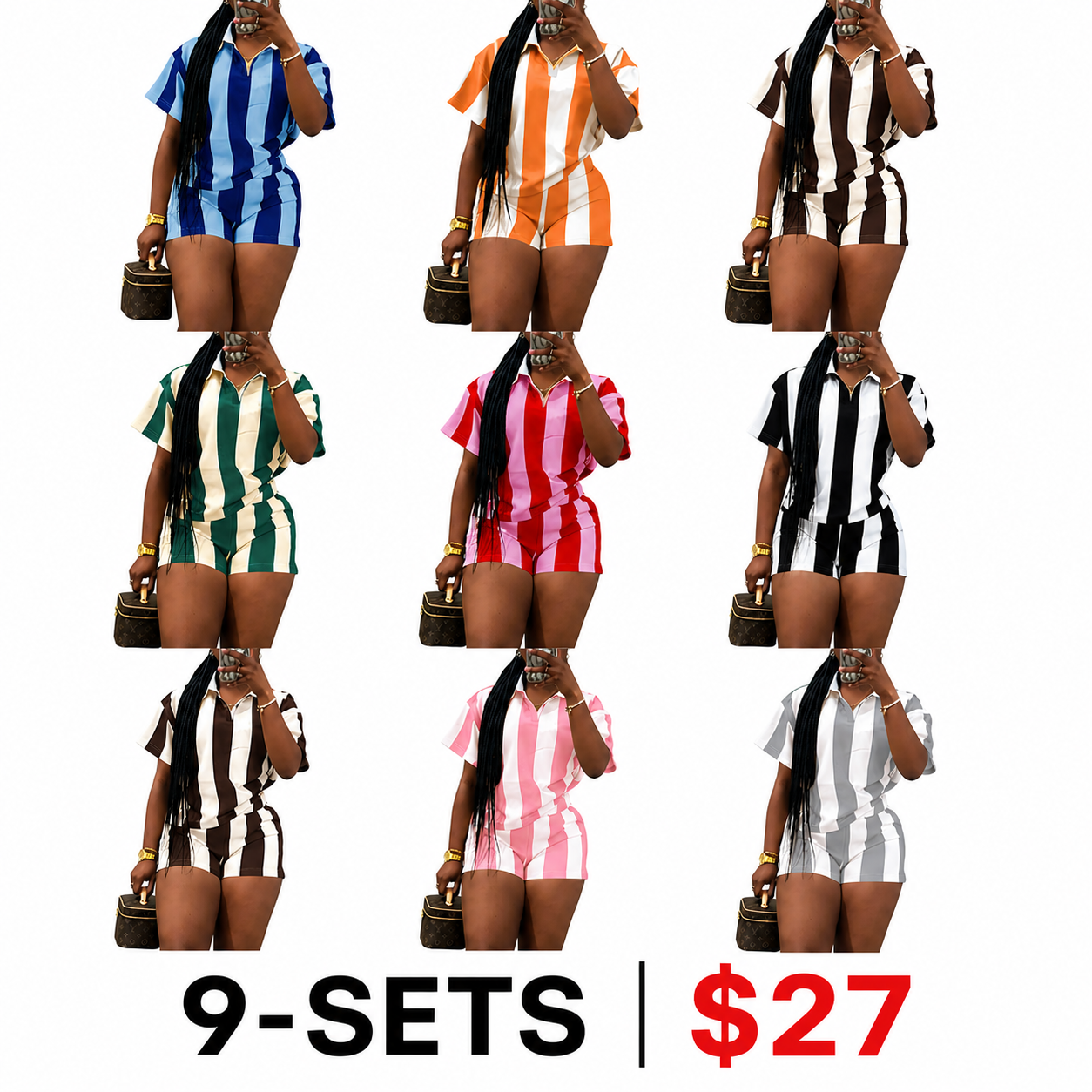 Women's 2026 Spring Two Piece Set Striped Short Sleeve