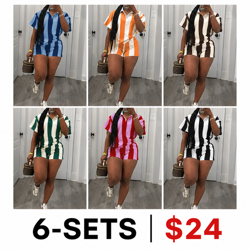 Women's 2026 Spring Two Piece Set Striped Short Sleeve