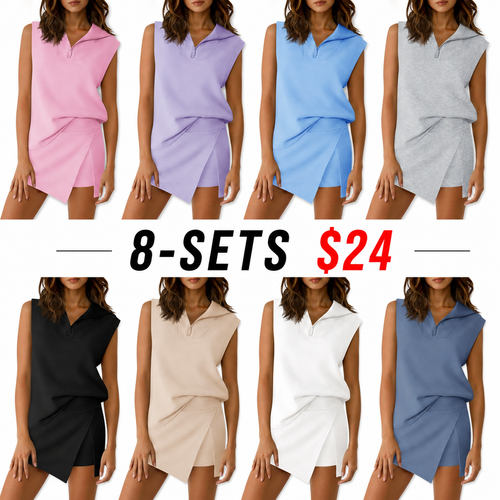 Womens 2 Piece Skirt Sets Summer Sleeveless Half Zip Sweatshirt Athletic Skorts