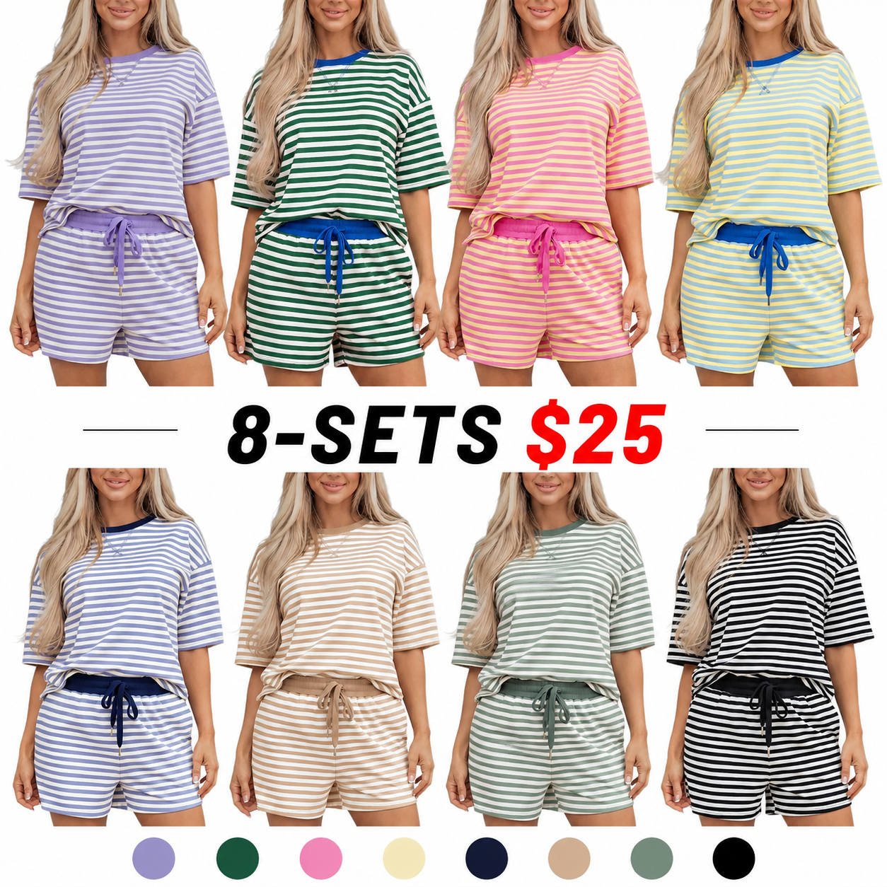 Women's Stripe Two Piece Set Drop Shoulder Casual T Shirt & Short Set