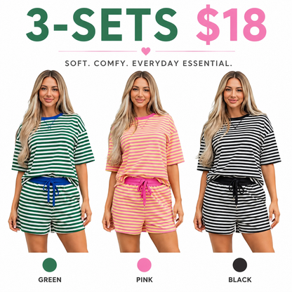 Women's Stripe Two Piece Set Drop Shoulder Casual T Shirt & Short Set