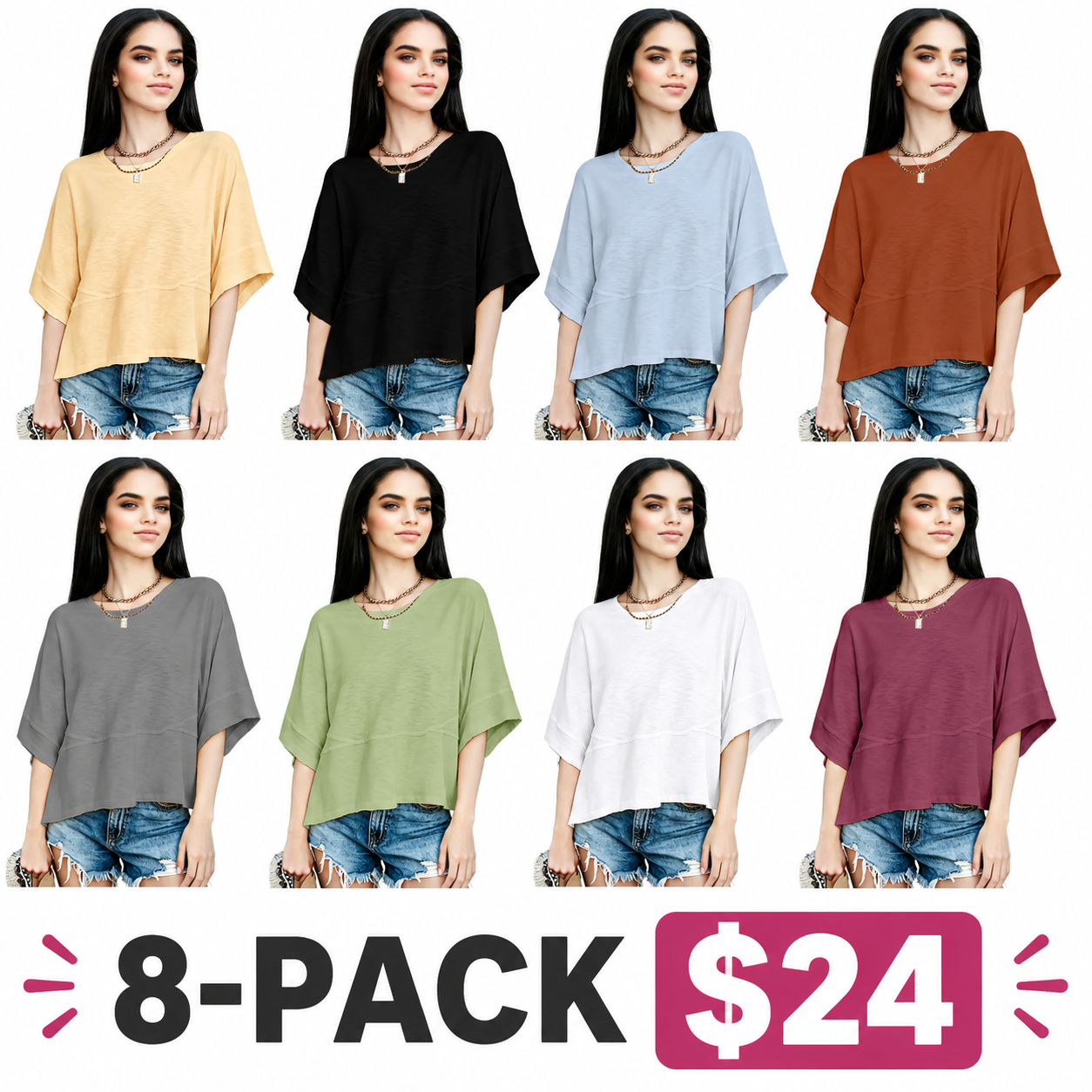 Women's Summer Casual Crewneck Batwing Half Sleeve T-Shirts