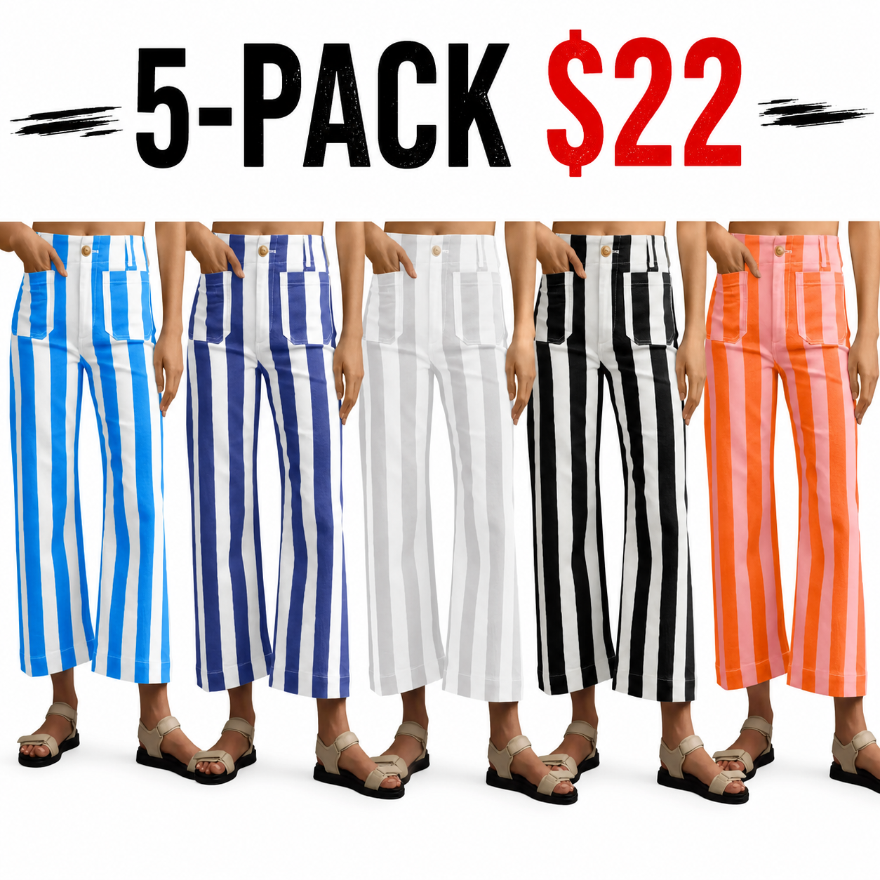Womens Cropped Striped Jeans with Pockets