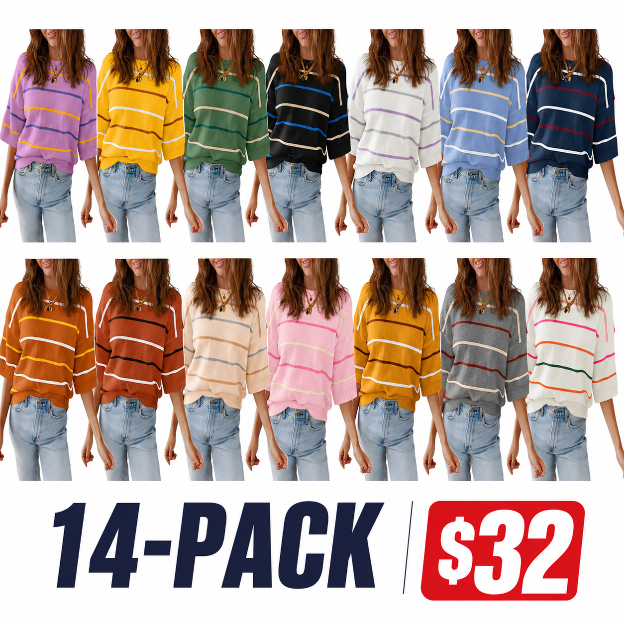 Women's Striped Knit Round Neck Shortsleeve Baggy Pullover
