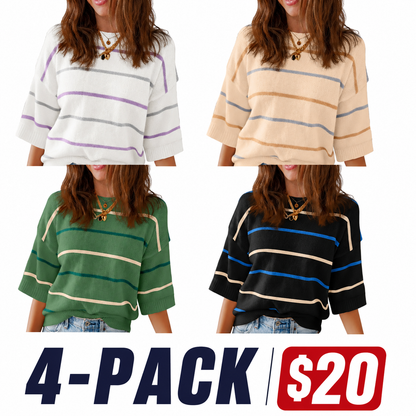 Women's Striped Knit Round Neck Shortsleeve Baggy Pullover