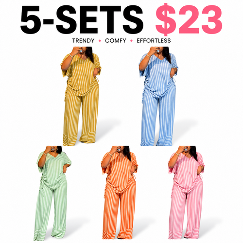 Summer new striped loose fashion casual women's V-neck thin and drape wide-leg pants suit