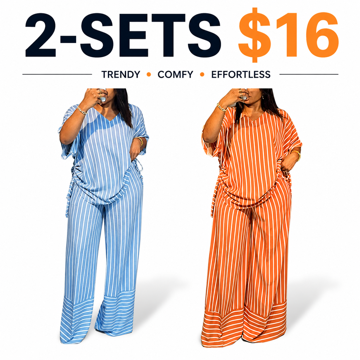 Summer new striped loose fashion casual women's V-neck thin and drape wide-leg pants suit