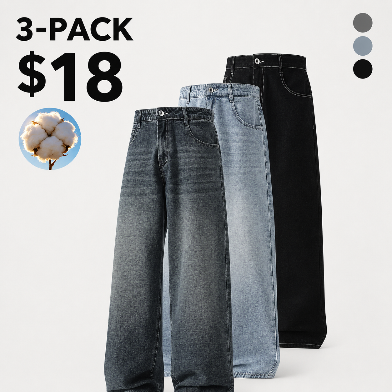 3-pack men’s cotton wide-leg jeans