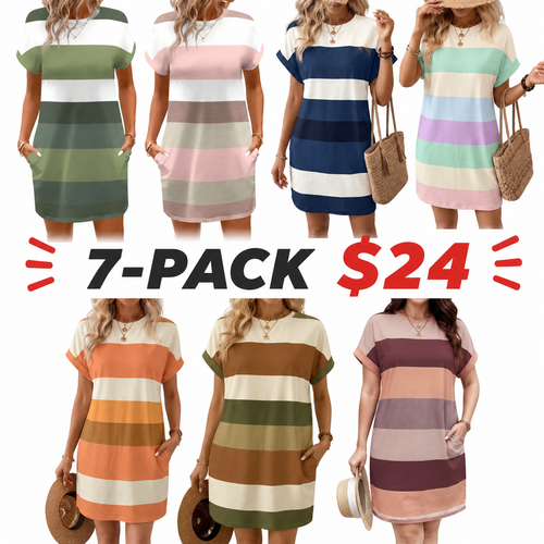 【Plus Size】 Colorblock Striped Print Round Neck Dress