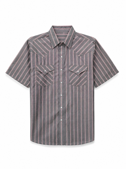 Men's Western Stripe Snap Shirt with Pocket - Short Sleeve Casual Cowboy Shirt