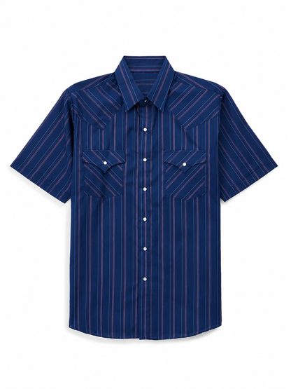 Men's Western Stripe Snap Shirt with Pocket - Short Sleeve Casual Cowboy Shirt