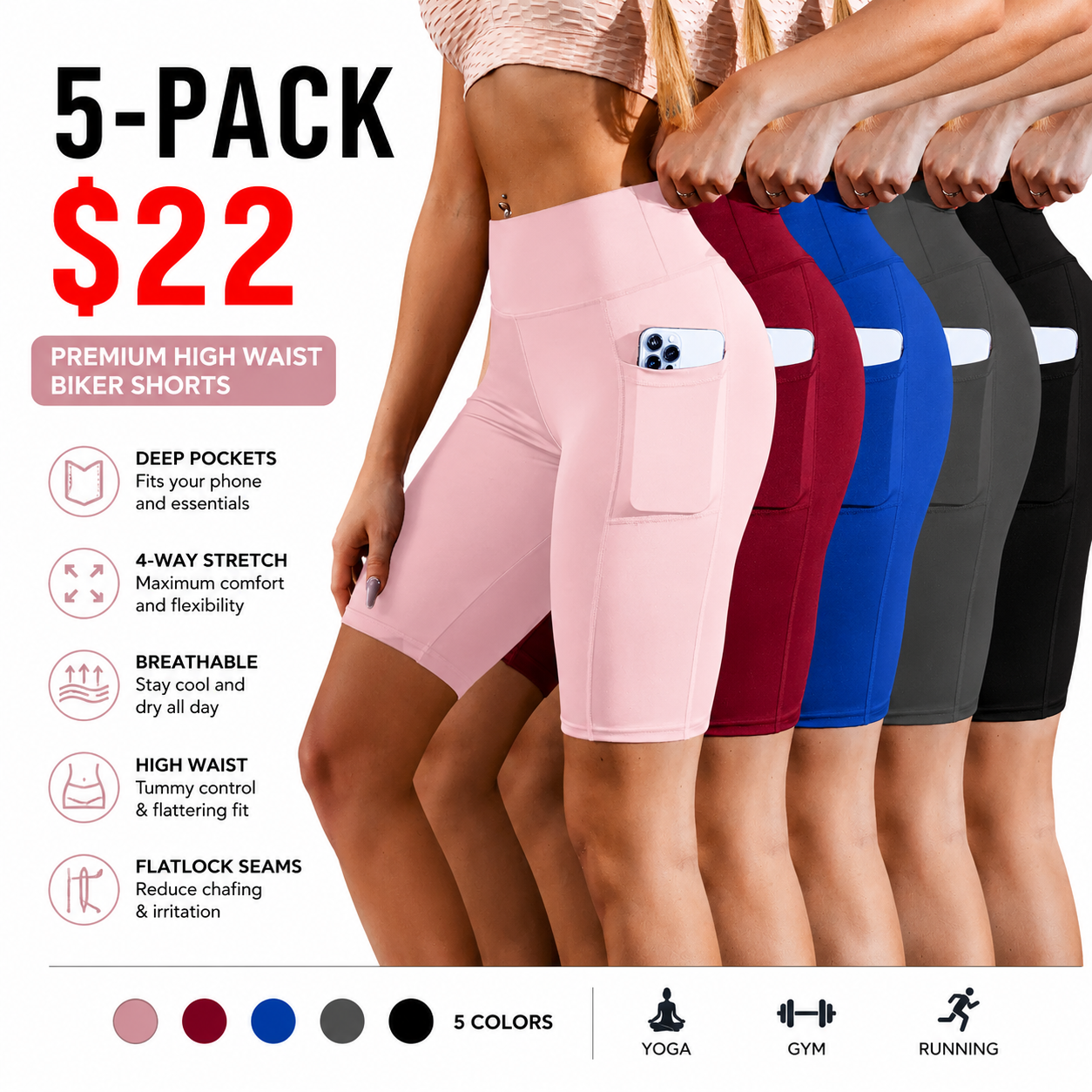 5pcs High Waist Athletic Yoga Shorts
