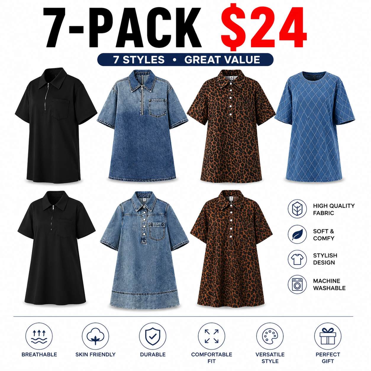 Women's Denim Dress Half-Zip Collared Vintage Washed Blue Loose Fit Short Sleeve