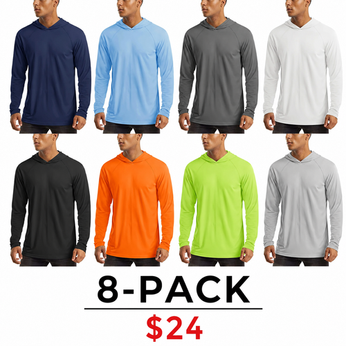 Men's Hooded UPF 50+ Long Sleeve Shirts Quick Dry Athletic Fishing Shirts Rash Guards