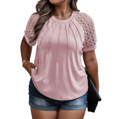 Plus Size Tops for Women Summer Lace Short Sleeve Crewneck Loose Casual Blouse Tunic T Shirts(1X-5X)