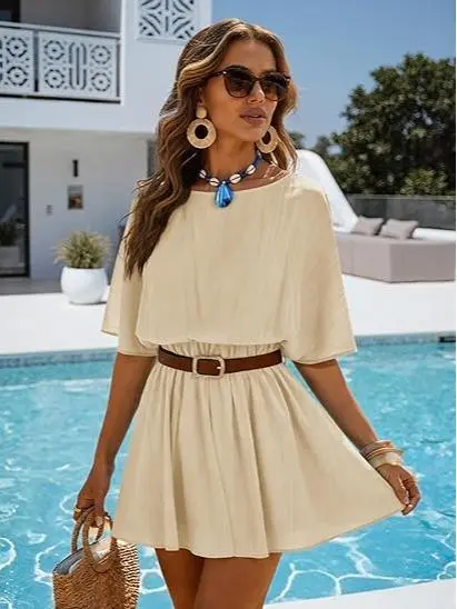 Womens Off the Shoulder Summer Loose Dresses Short Batwing Sleeve