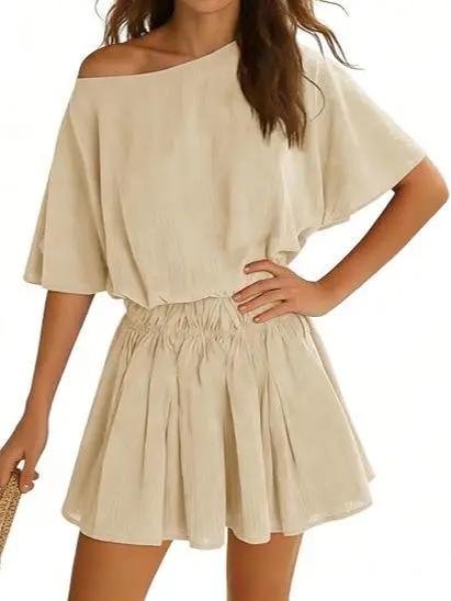 Womens Off the Shoulder Summer Loose Dresses Short Batwing Sleeve