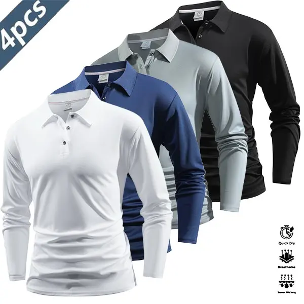 Four-piece men’s casual set featuring a long-sleeve quick-dry polo shirt for golf and tennis
