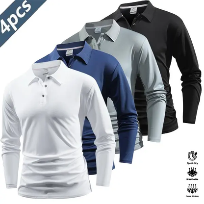 Four-piece men’s casual set featuring a long-sleeve quick-dry polo shirt for golf and tennis