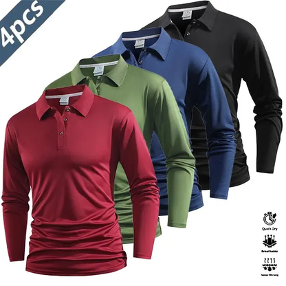 Four-piece men’s casual set featuring a long-sleeve quick-dry polo shirt for golf and tennis