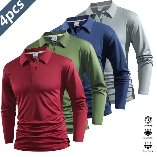 Four-piece men’s casual set featuring a long-sleeve quick-dry polo shirt for golf and tennis