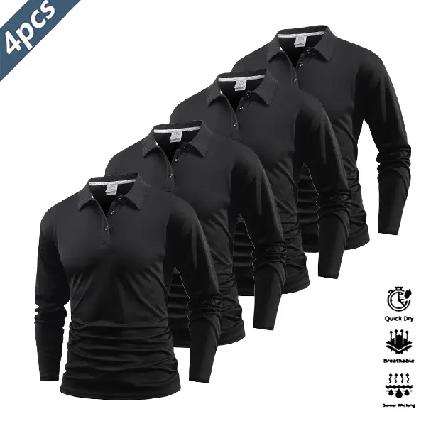 Four-piece men’s casual set featuring a long-sleeve quick-dry polo shirt for golf and tennis