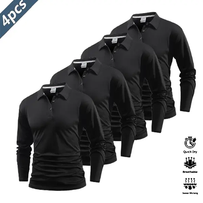Four-piece men’s casual set featuring a long-sleeve quick-dry polo shirt for golf and tennis