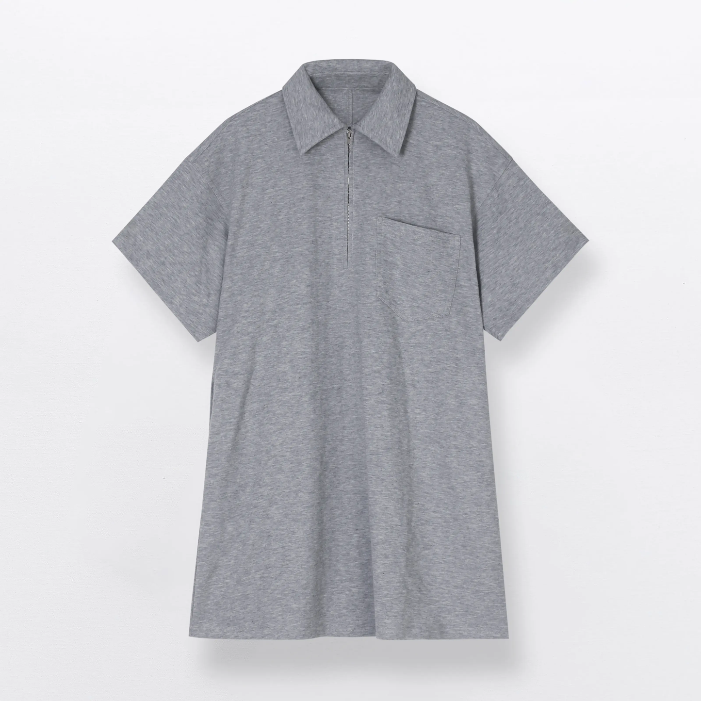 Women's Denim Dress Half-Zip Collared Vintage Washed Blue Loose Fit Short Sleeve