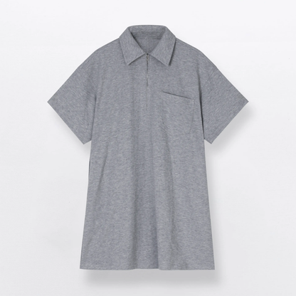 Women's Denim Dress Half-Zip Collared Vintage Washed Blue Loose Fit Short Sleeve