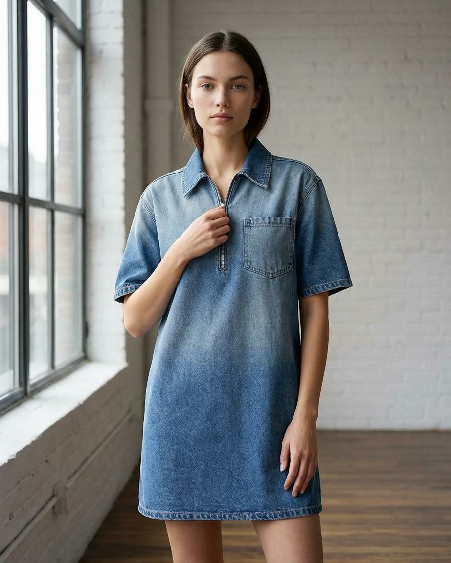 Women's Denim Dress Half-Zip Collared Vintage Washed Blue Loose Fit Short Sleeve