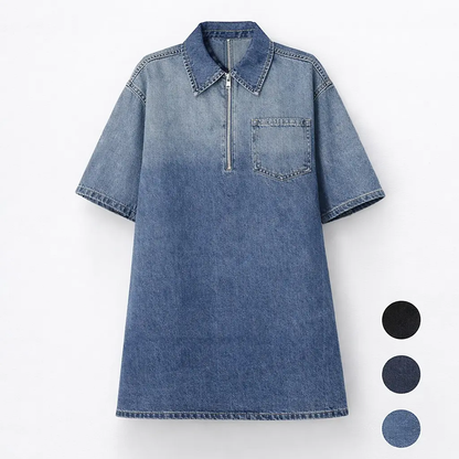 Women's Denim Dress Half-Zip Collared Vintage Washed Blue Loose Fit Short Sleeve