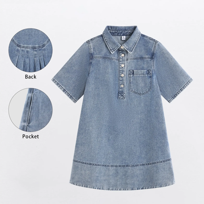 Women's Denim Dress Half-Zip Collared Vintage Washed Blue Loose Fit Short Sleeve