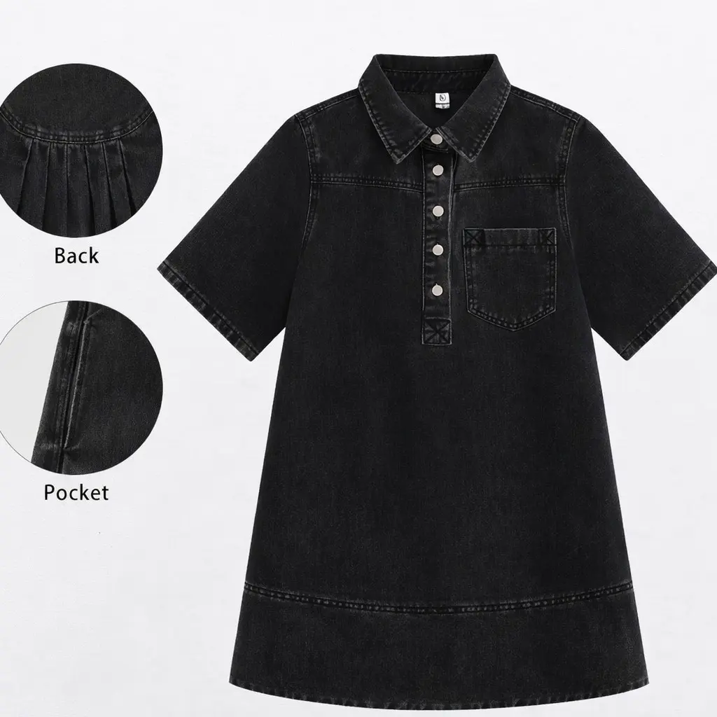 Women's Denim Dress Half-Zip Collared Vintage Washed Blue Loose Fit Short Sleeve
