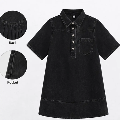 Women's Denim Dress Half-Zip Collared Vintage Washed Blue Loose Fit Short Sleeve