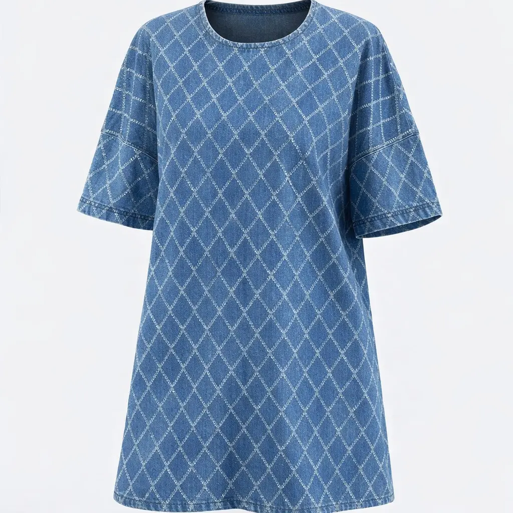 Women's Denim Dress Half-Zip Collared Vintage Washed Blue Loose Fit Short Sleeve