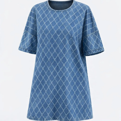 Women's Denim Dress Half-Zip Collared Vintage Washed Blue Loose Fit Short Sleeve