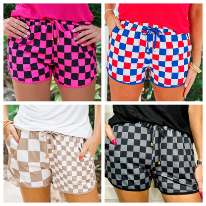 Women's Checkered Drawstring Elastic Waist Casual Shorts